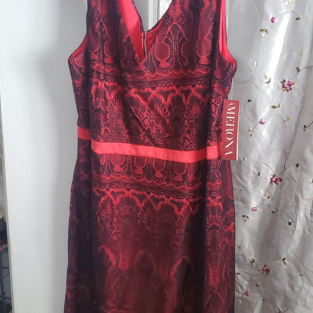 NWT Merona Red Satin Black Lace Dress...Sz 14